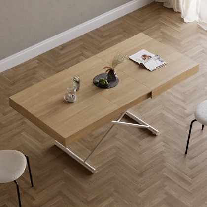 HMR - Modern Natural Wood Extendable Coffee Table & Dining Table Rectangle Height Adjustable