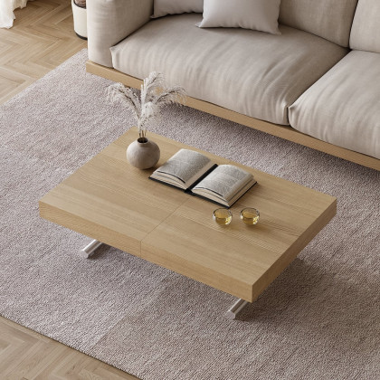 HMR - Modern Natural Wood Extendable Coffee Table & Dining Table Rectangle Height Adjustable