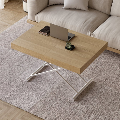 HMR - Modern Natural Wood Extendable Coffee Table & Dining Table Rectangle Height Adjustable