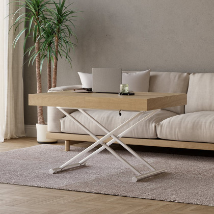 HMR - Modern Natural Wood Extendable Coffee Table & Dining Table Rectangle Height Adjustable