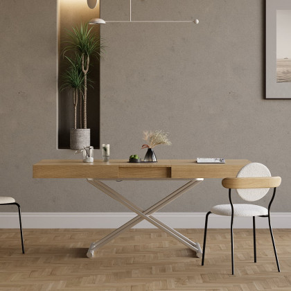 HMR - Modern Natural Wood Extendable Coffee Table & Dining Table Rectangle Height Adjustable