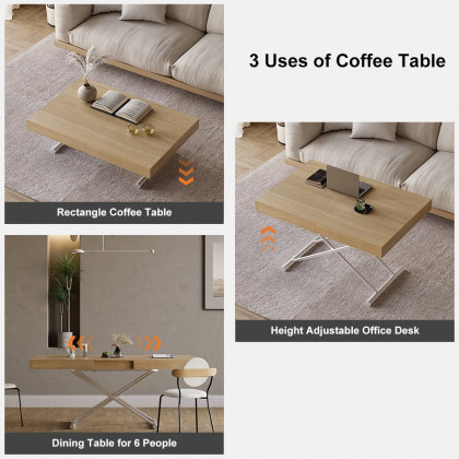 HMR - Modern Natural Wood Extendable Coffee Table & Dining Table Rectangle Height Adjustable
