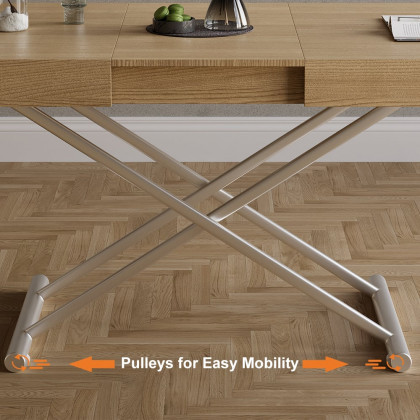 HMR - Modern Natural Wood Extendable Coffee Table & Dining Table Rectangle Height Adjustable