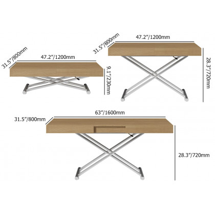HMR - Modern Natural Wood Extendable Coffee Table & Dining Table Rectangle Height Adjustable