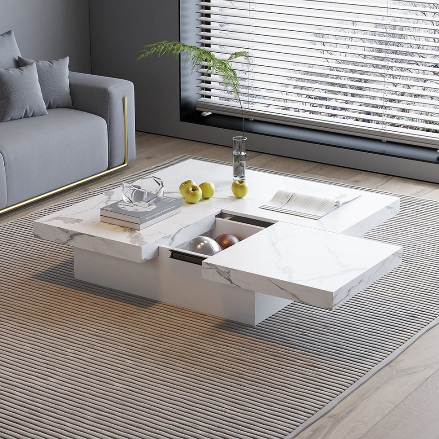 HMR - Square Marble Veneer Coffee Table Sliding Top with Storage in White