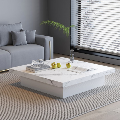 HMR - Square Marble Veneer Coffee Table Sliding Top with Storage in White