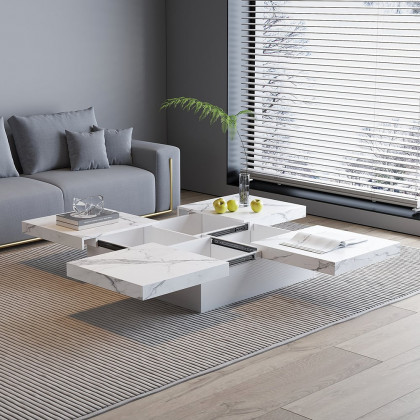 HMR - Square Marble Veneer Coffee Table Sliding Top with Storage in White