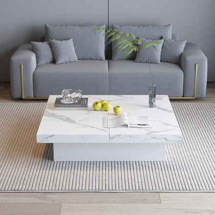 HMR - Square Marble Veneer Coffee Table Sliding Top with Storage in White