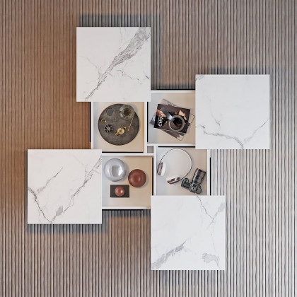 HMR - Square Marble Veneer Coffee Table Sliding Top with Storage in White