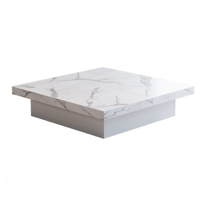 HMR - Square Marble Veneer Coffee Table Sliding Top with Storage in White