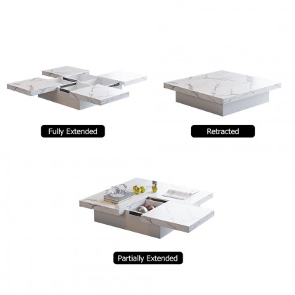 HMR - Square Marble Veneer Coffee Table Sliding Top with Storage in White