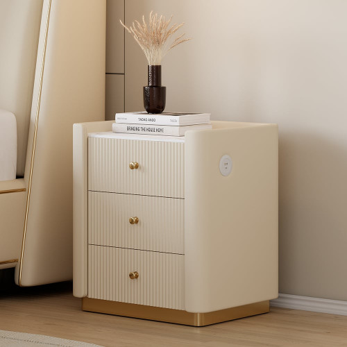 HMR Modern 3-Drawer Nightstand with Sintered Stone Top & USB Port - White, Set Of 2
