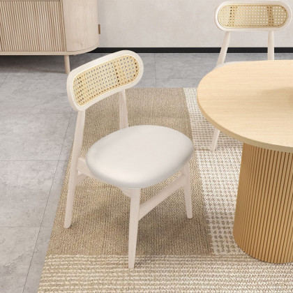 HMR Japandi Modern Wood Dining Chair with Faux Leather Upholstery - Bleached Wood, Set of 2