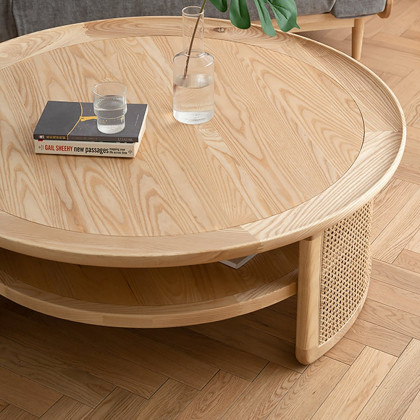 HMR 2-Tiered Japandi Round Wood Coffee Table with Rattan Base - Natural, 23.6"/600mm