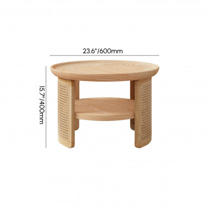 HMR 2-Tiered Japandi Round Wood Coffee Table with Rattan Base - Natural, 23.6"/600mm
