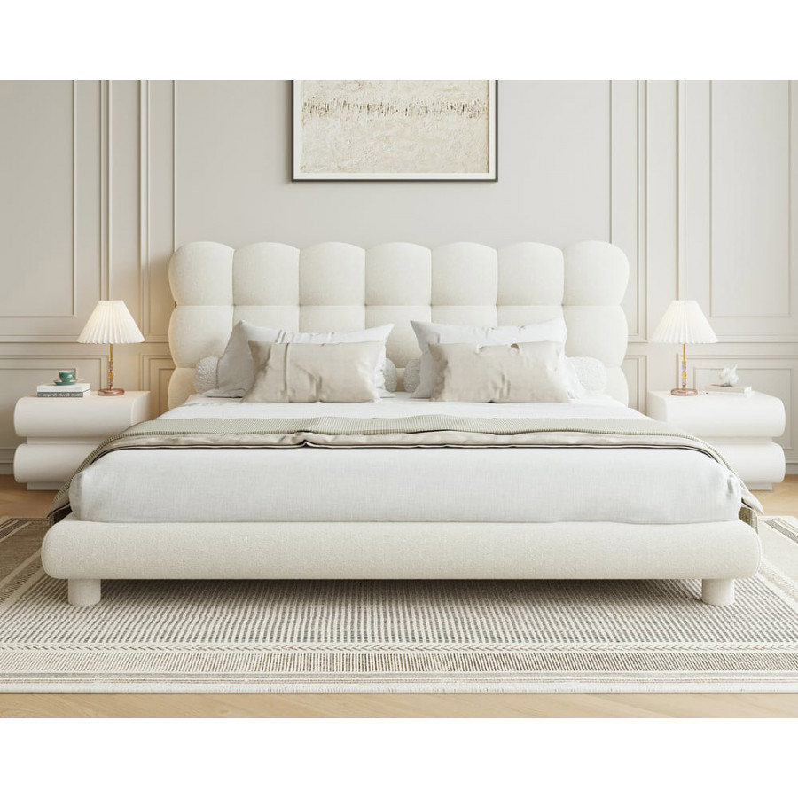 HMR White Boucle Upholstered Platform Bubble Bed Frame - White, King