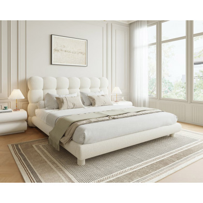 HMR White Boucle Upholstered Platform Bubble Bed Frame - White, King