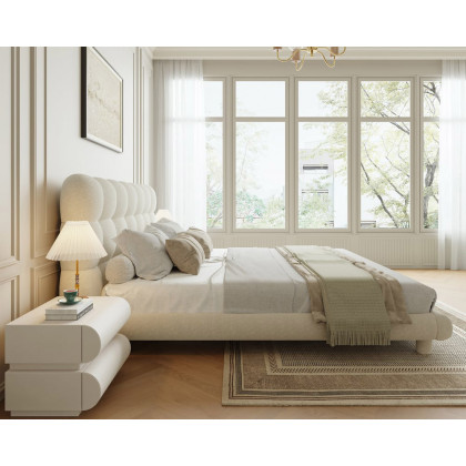 HMR White Boucle Upholstered Platform Bubble Bed Frame - White, King