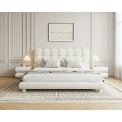 HMR White Boucle Upholstered Platform Bubble Bed Frame - White, King