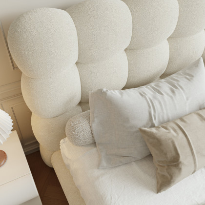HMR White Boucle Upholstered Platform Bubble Bed Frame - White, King