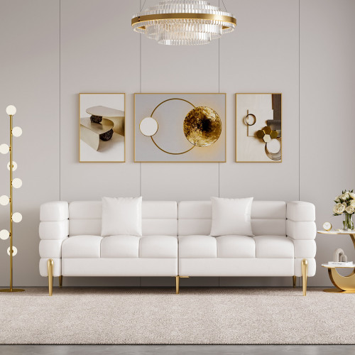 HMR Aurora 79" Fluted Sofa with Gold Legs & Pillows Set of 4 - White, Faux Leather