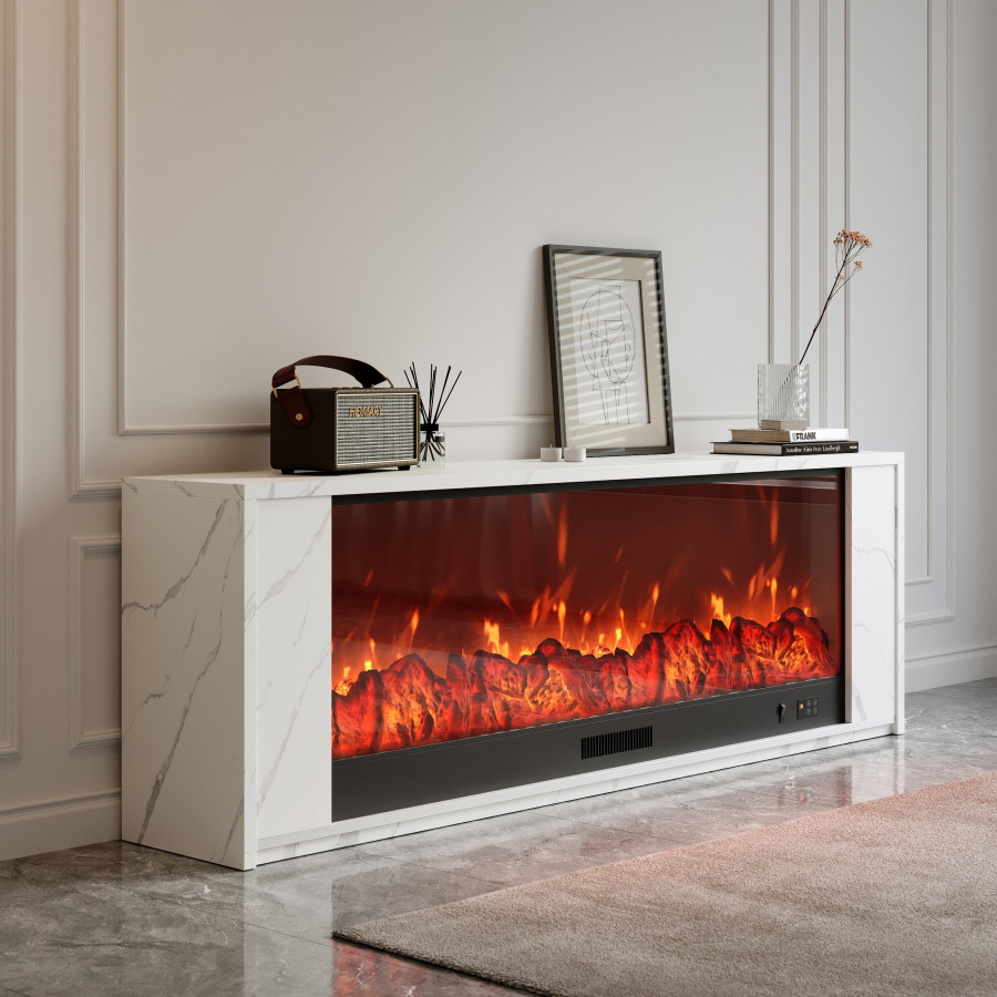 HMR Electric Fireplace TV Stand with Remote Control - White, MDF, 70.9"W×12.6"D×23.6"H