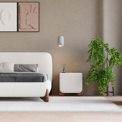 HMR - Modern White Boucle Platform Bed & 2 Smart Boucle Nightstand Style B