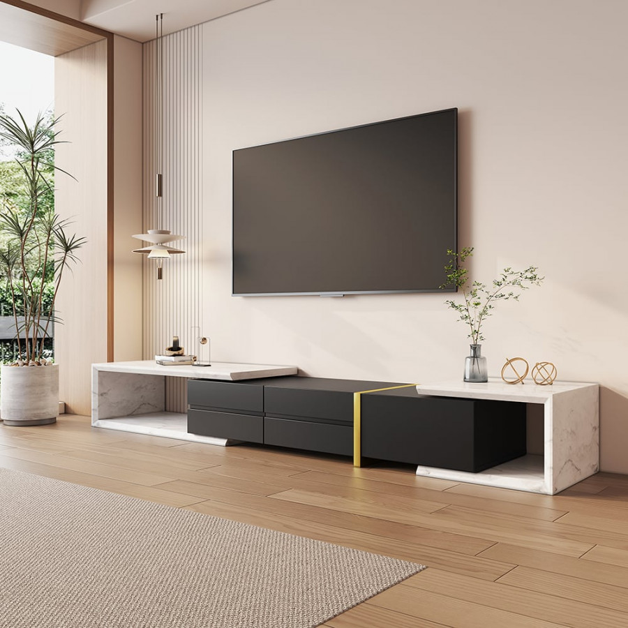 HMR - 51.2'' to 86.6'' Extendable TV Stand White & Black Corner Media Console with 2 Drawers