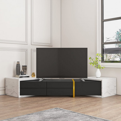 HMR - 51.2'' to 86.6'' Extendable TV Stand White & Black Corner Media Console with 2 Drawers