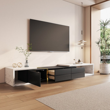 HMR - 51.2'' to 86.6'' Extendable TV Stand White & Black Corner Media Console with 2 Drawers