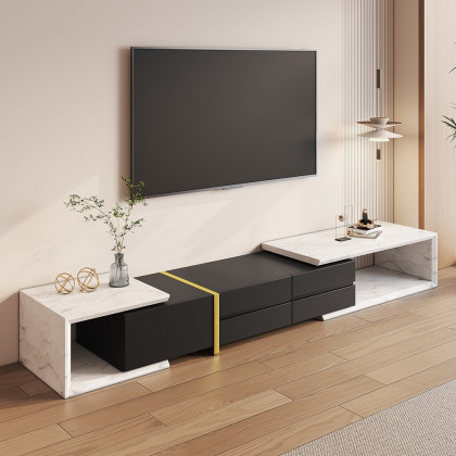 HMR - 51.2'' to 86.6'' Extendable TV Stand White & Black Corner Media Console with 2 Drawers