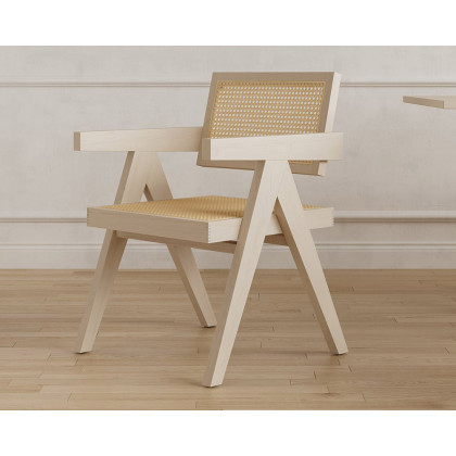 HMR - Archic Japandi Bleached Wood Rattan Dining Chair with Solid Wood Frame