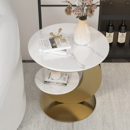 HMR 20" Round Sintered Stone 2-Tier Moon-Shaped Side Table - White & Gold
