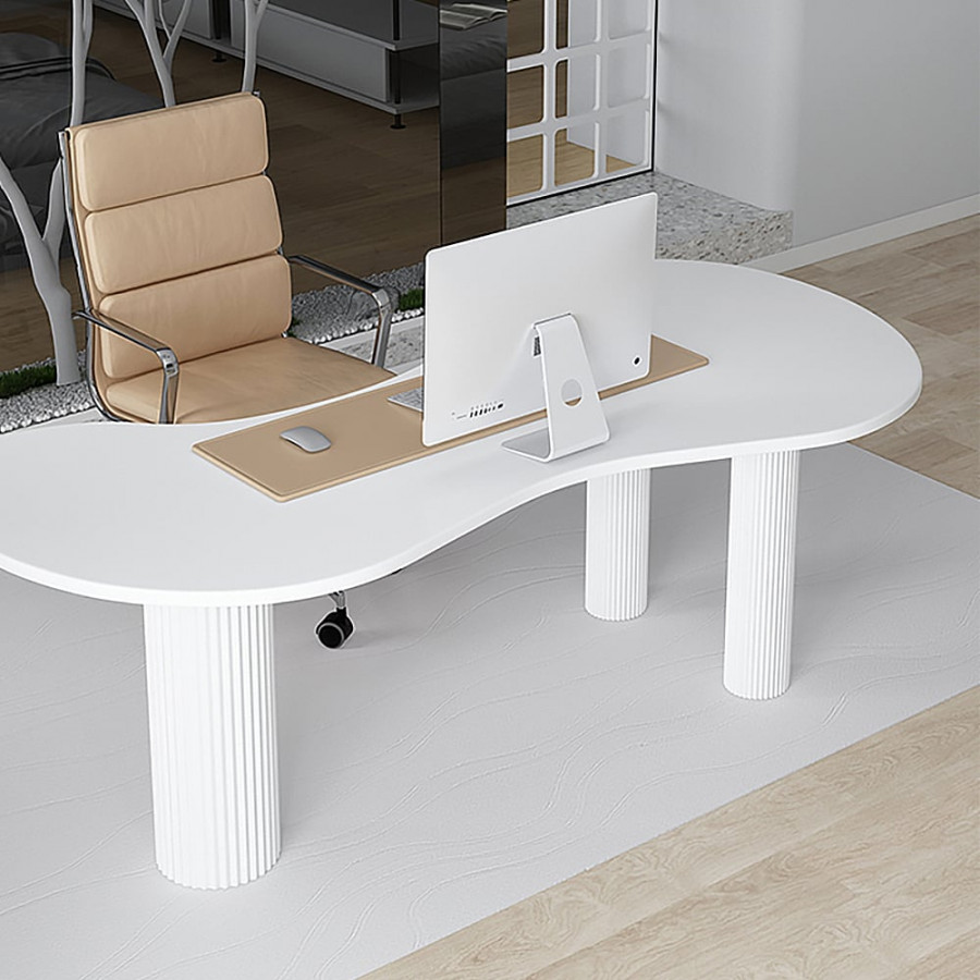 HMR - 55.1" Japandi White Curved Desk Home Office Pedestal Desk with 3 Legs Writing Desk