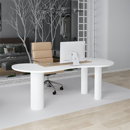 HMR - 55.1" Japandi White Curved Desk Home Office Pedestal Desk with 3 Legs Writing Desk