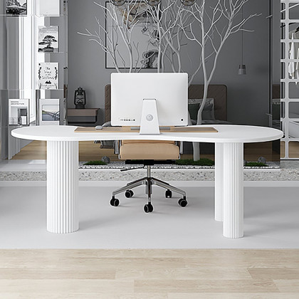 HMR - 55.1" Japandi White Curved Desk Home Office Pedestal Desk with 3 Legs Writing Desk