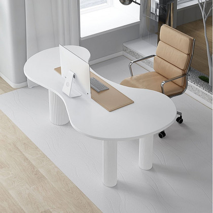 HMR - 55.1" Japandi White Curved Desk Home Office Pedestal Desk with 3 Legs Writing Desk