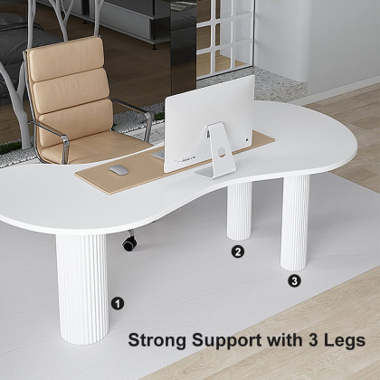 HMR - 55.1" Japandi White Curved Desk Home Office Pedestal Desk with 3 Legs Writing Desk