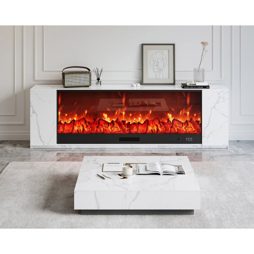 HMR Sintered Stone Electric Fireplace TV Stand & Coffee Table Set - White, 70.9"W x 12.6"D x 23.6"H