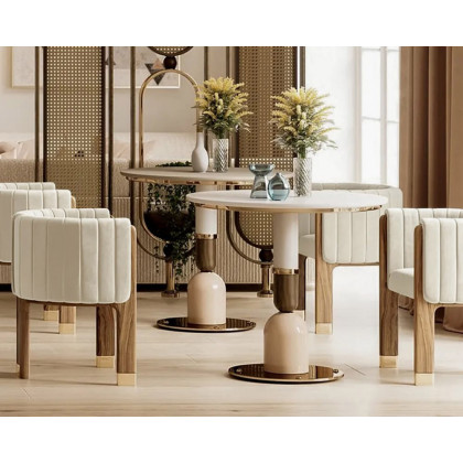 HMR Velvet Fluted Upholstered Accent Chair with Wood Frame (Set of 4) - Beige
