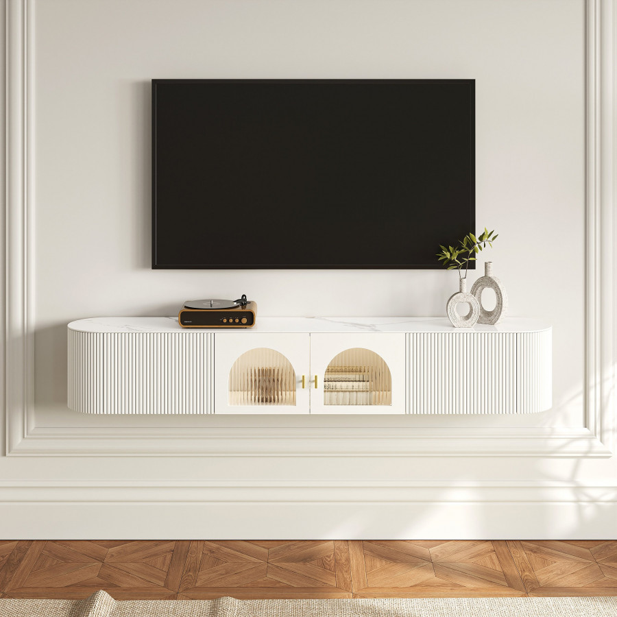 HMR - 70.8" White Sintered Stone Floating Wall-Mounted TV Stand