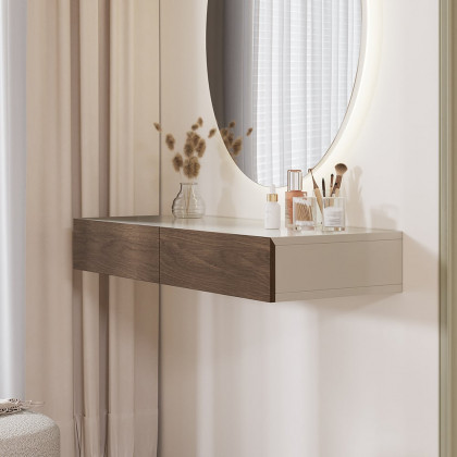 HMR - Modern Light Gray Floating Makeup Vanity Wall Mounted Dressing Table with 2 Drawers