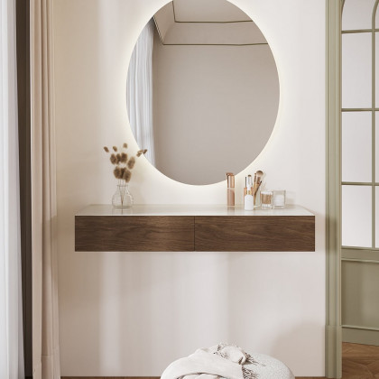 HMR - Modern Light Gray Floating Makeup Vanity Wall Mounted Dressing Table with 2 Drawers