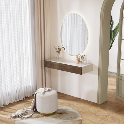HMR - Modern Light Gray Floating Makeup Vanity Wall Mounted Dressing Table with 2 Drawers