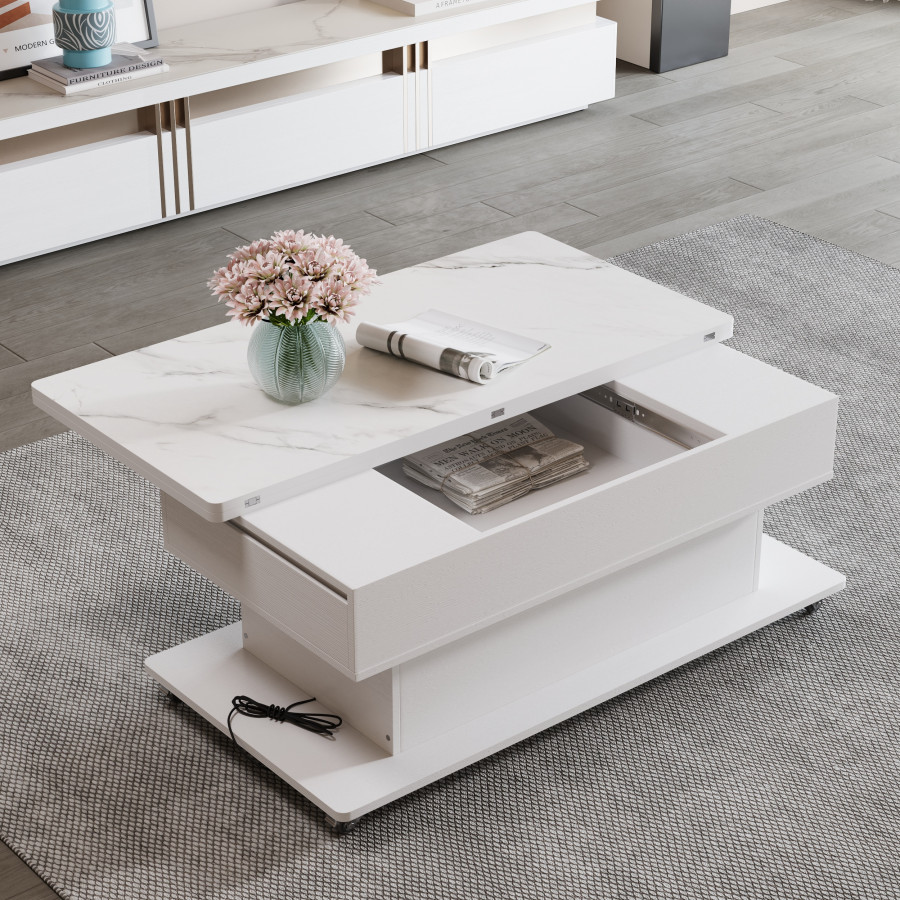 HMR - Modern White Power Lift Height Multifunctional Coffee Table Extendable 2 Drawers USB