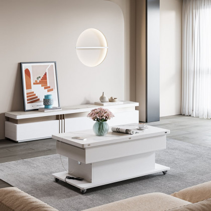 HMR - Modern White Power Lift Height Multifunctional Coffee Table Extendable 2 Drawers USB