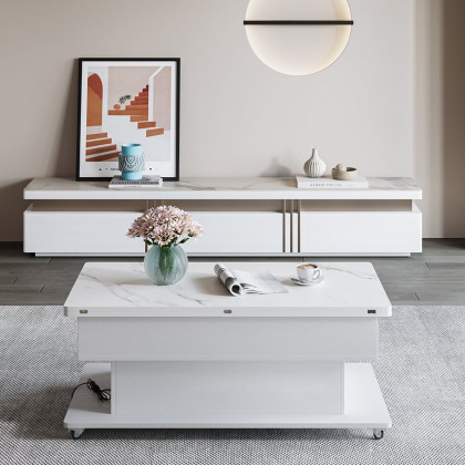 HMR - Modern White Power Lift Height Multifunctional Coffee Table Extendable 2 Drawers USB