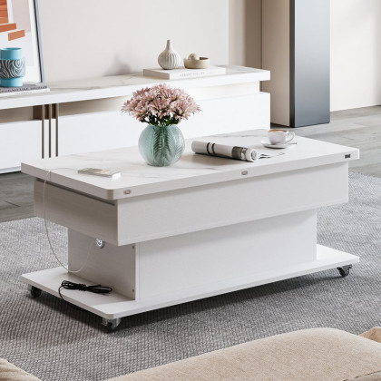 HMR - Modern White Power Lift Height Multifunctional Coffee Table Extendable 2 Drawers USB
