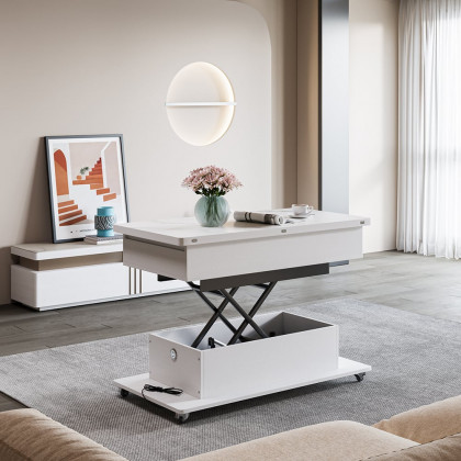 HMR - Modern White Power Lift Height Multifunctional Coffee Table Extendable 2 Drawers USB