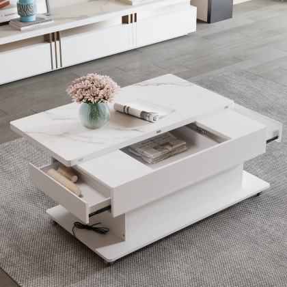 HMR - Modern White Power Lift Height Multifunctional Coffee Table Extendable 2 Drawers USB